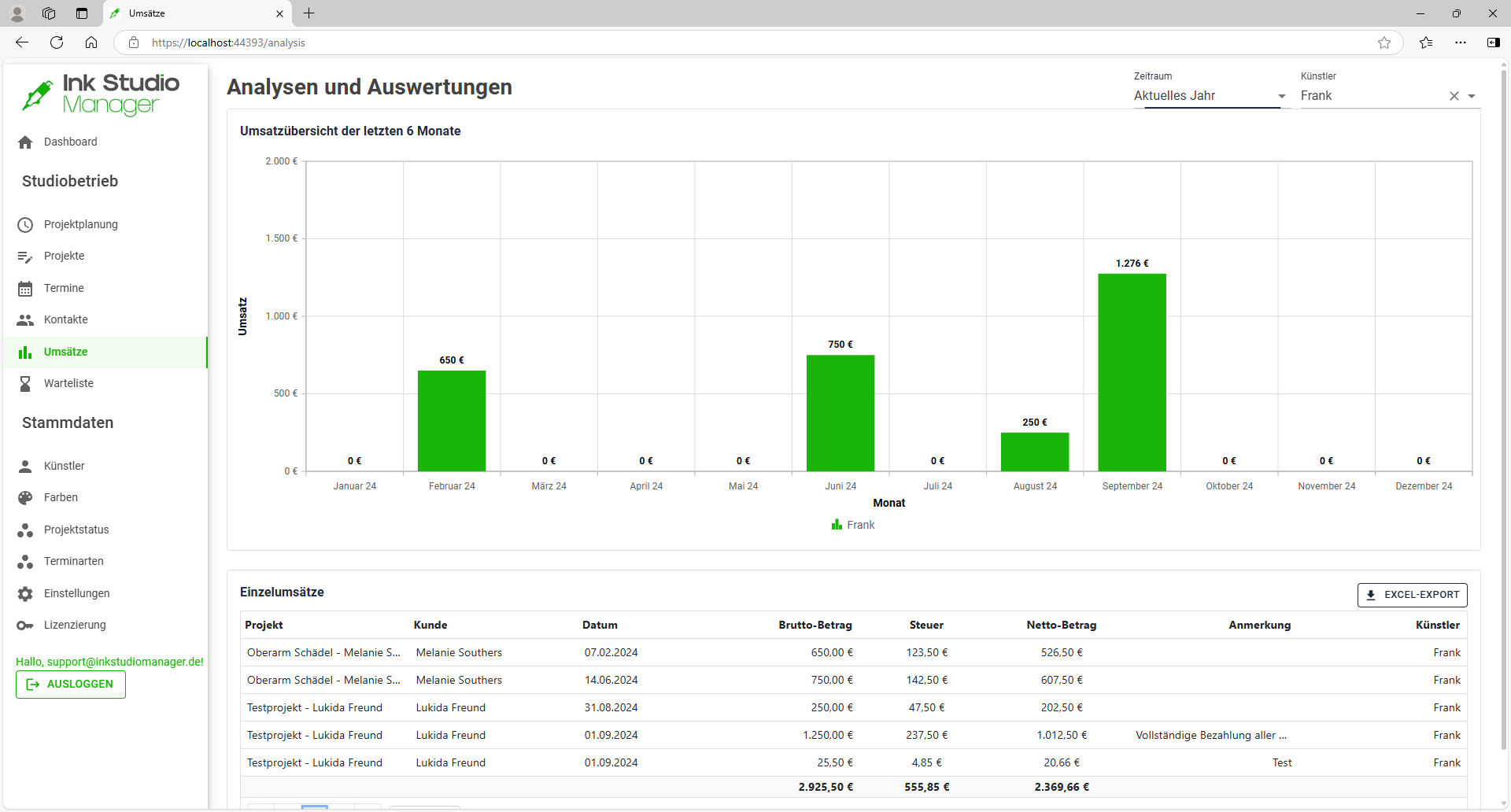 Anzeige der Umsätze sowohl als Grafik und als Liste, die nach Excel exportiert werden kann.