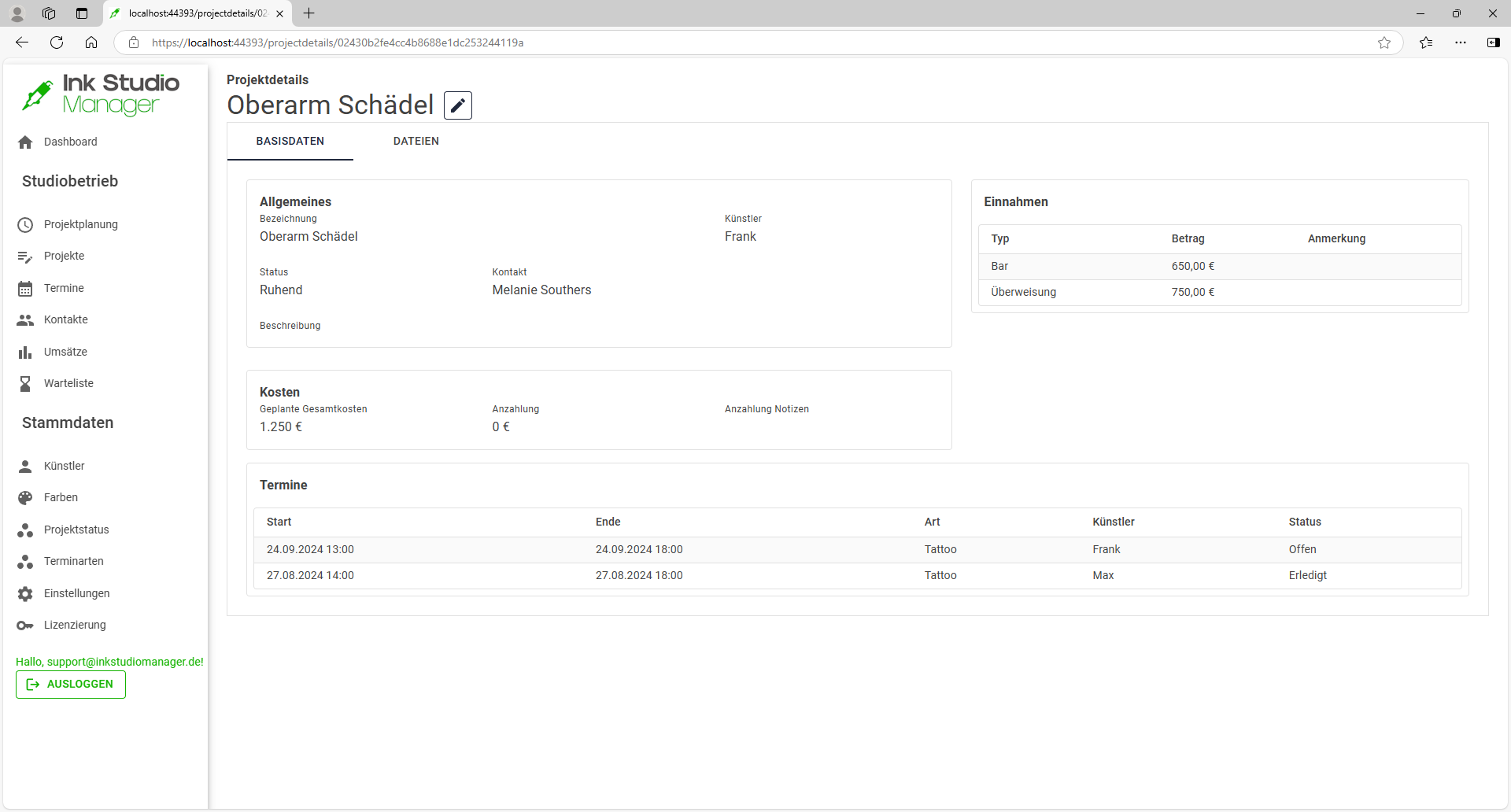 Projektdetails mit Informationen zum Projekt, den geplanten Kosten, den tatsächlichen Einnahmen und de n geplanten und durchgeführten Terminen.