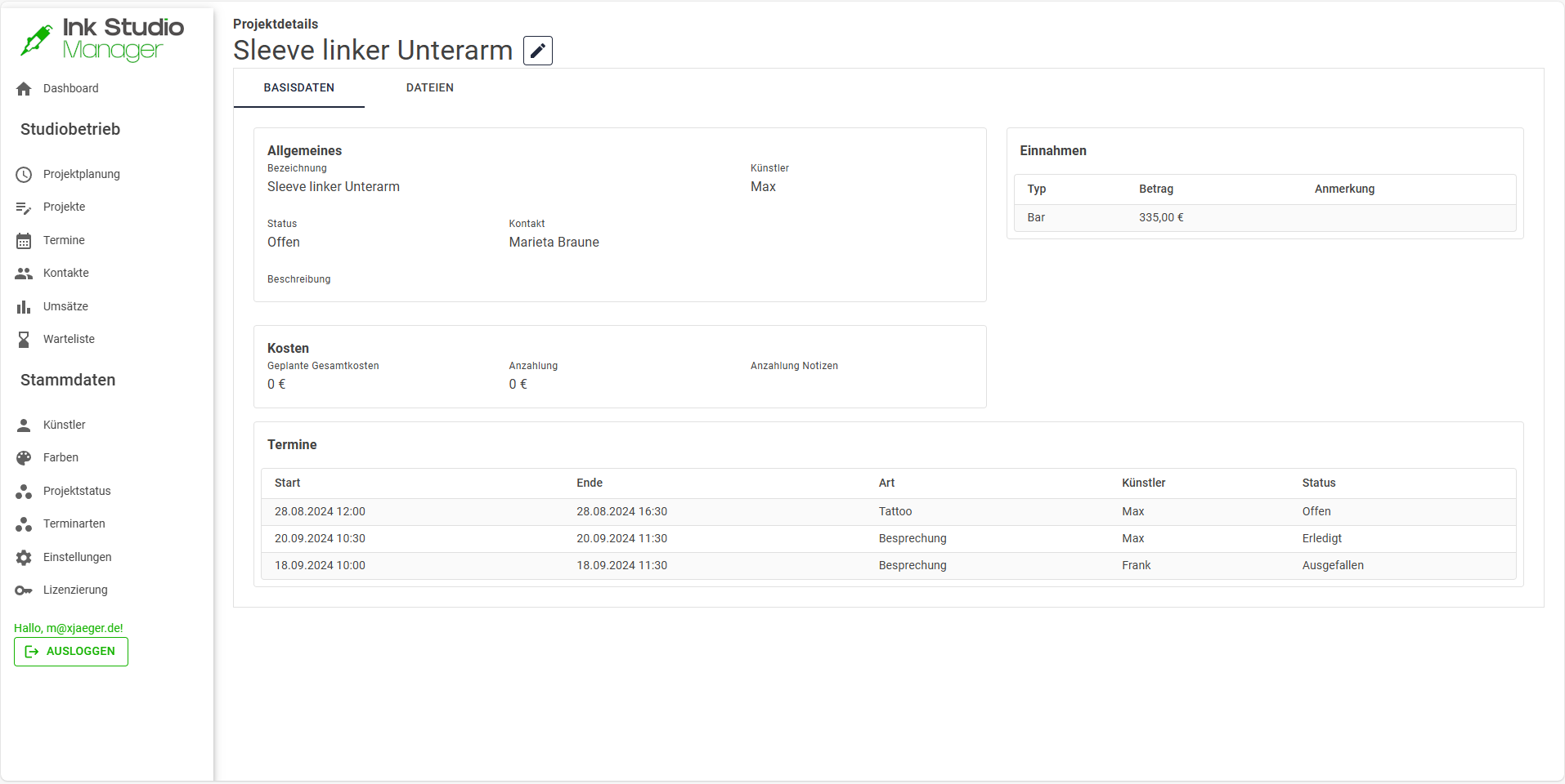 Projektansicht mit allen relevanten Daten zum Tattoo-Projekt.